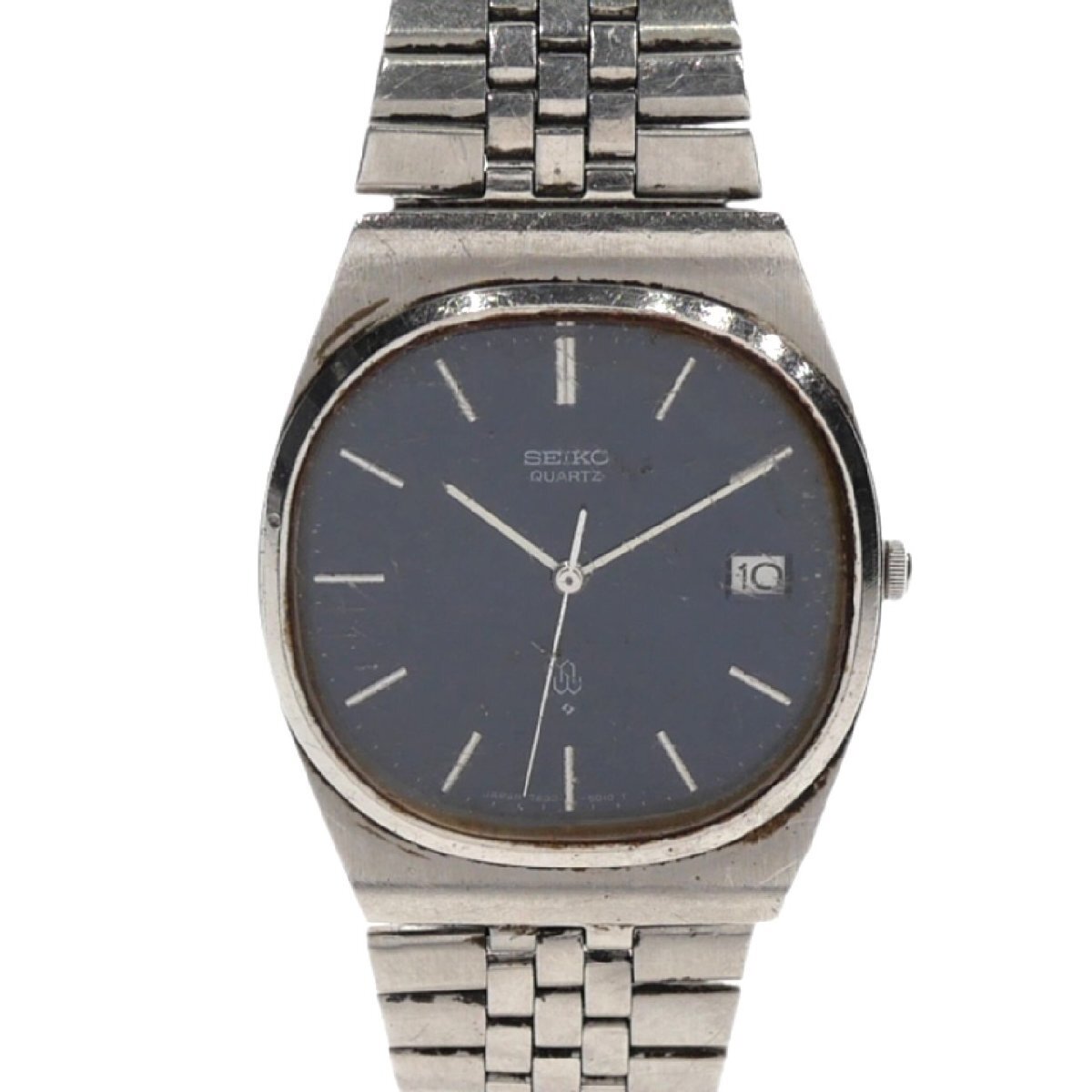 1円スタート 稼働品 SEIKO セイコー メンズ 腕時計 7832-5010 デイト クォーツ QZ スクエアフェイス 3針 シルバー SS 青文字盤_画像1