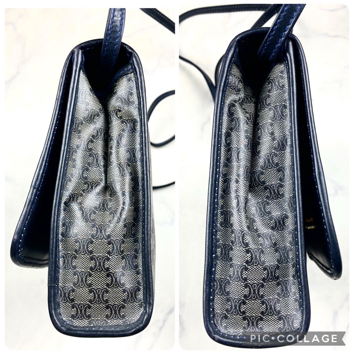 美品 セリーヌ CELINE ショルダーバッグ サコッシュ クラッチ ハンド 2way マカダム トリオンフ ロゴ総柄 PVC レザー ネイビー _画像4