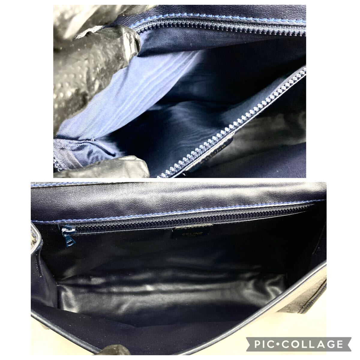 美品 セリーヌ CELINE ショルダーバッグ サコッシュ クラッチ ハンド 2way マカダム トリオンフ ロゴ総柄 PVC レザー ネイビー _画像9