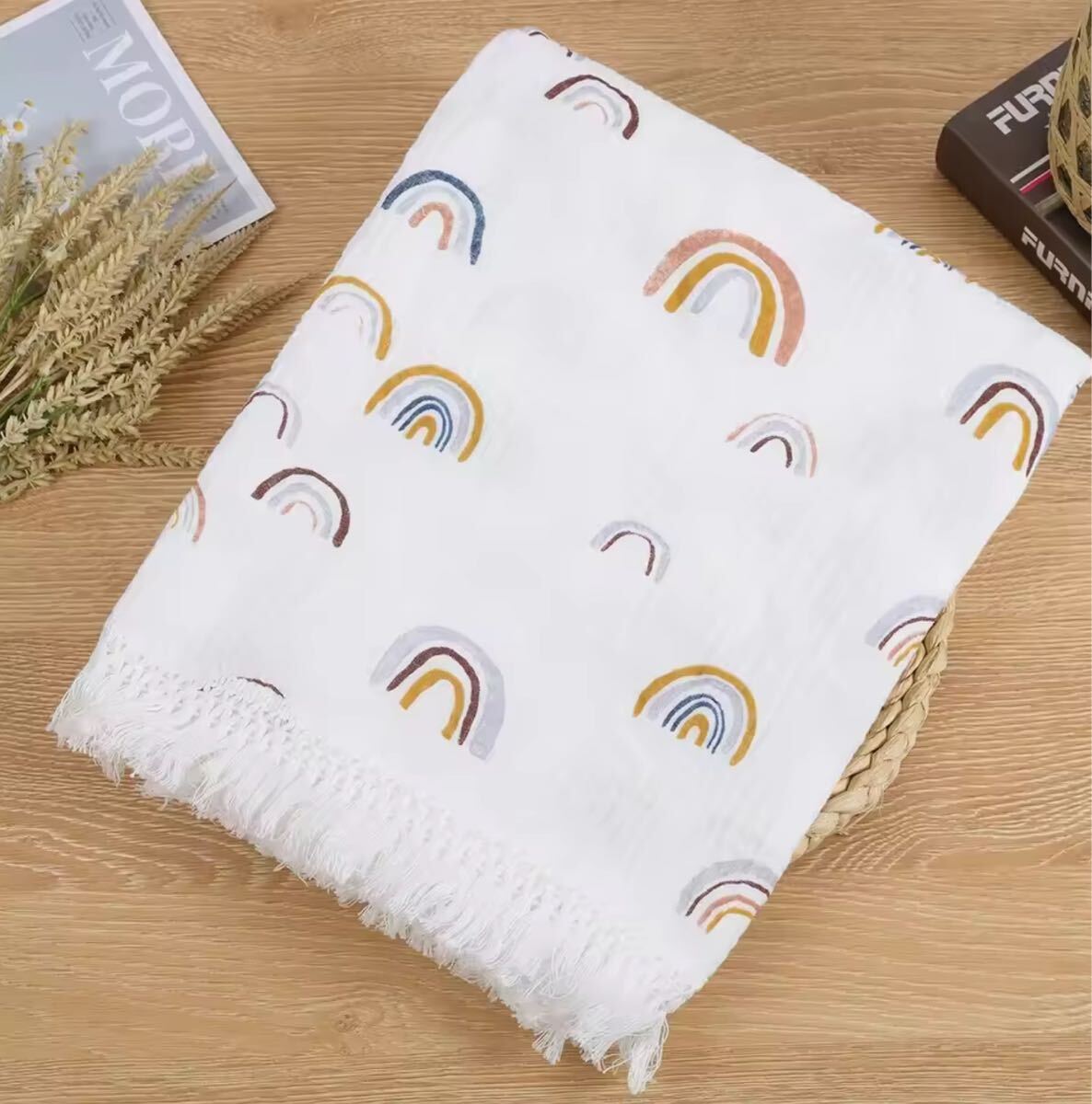■新品■【モスリン おくるみ】　フリンジ付き　ガーゼ　虹　レインボー_画像1