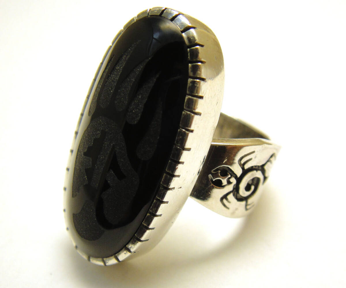 SP◆14号◆USED洗浄済スターリングシルバー 特大オニキス ホピ族 ベアクロー タートル 亀 インディアンジュエリー リング STERLING_画像2