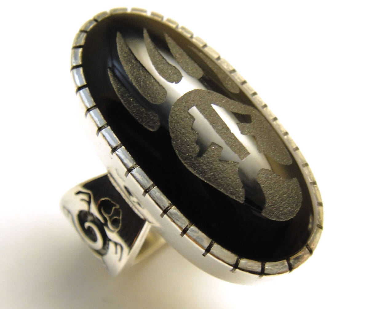 SP◆14号◆USED洗浄済スターリングシルバー 特大オニキス ホピ族 ベアクロー タートル 亀 インディアンジュエリー リング STERLING_画像1