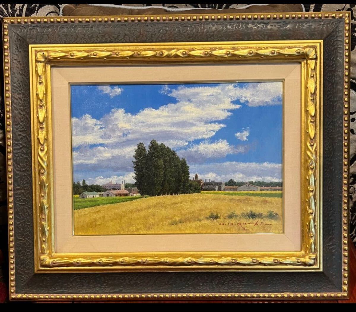 高級額　真作　樋口洋 「札幌麦秋」 油彩6号 B01 - 50741 風景画　5_画像2