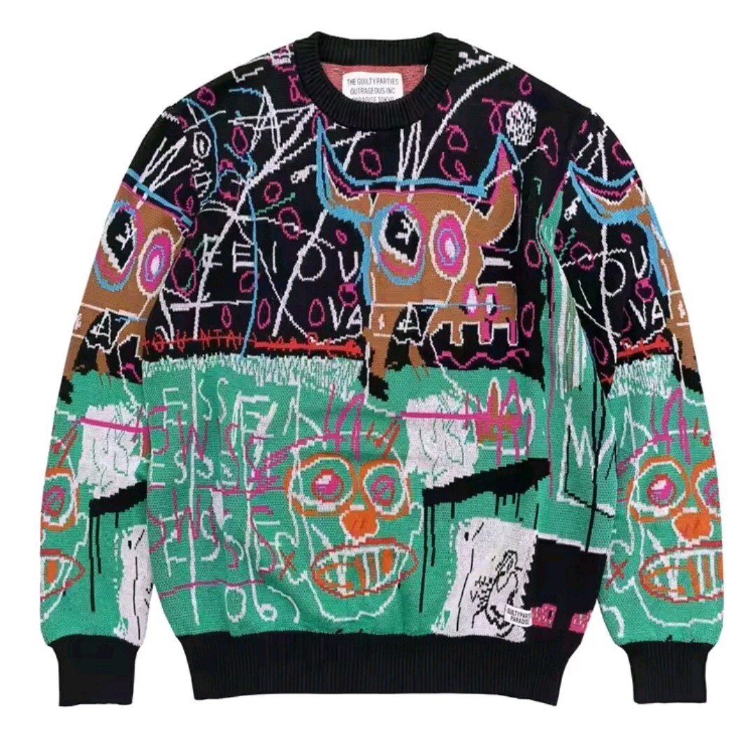 メンズ レディース 長袖 ニット セーター ラウンドネック 丸首 ストリート レゲエ JEAN MICHEL BASQUIAT バスキア HIPHOP S-XL a6175_画像2