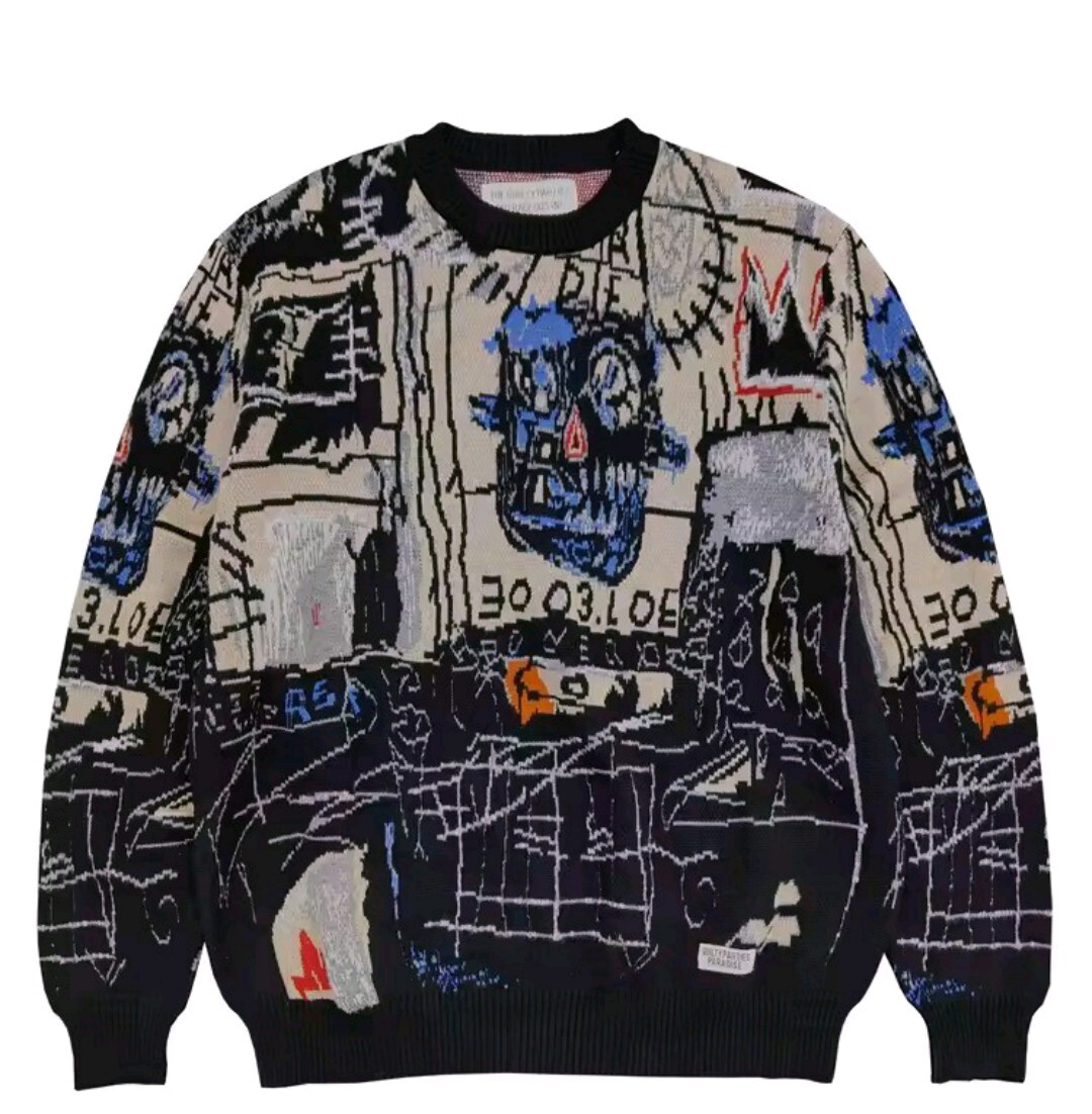 メンズ レディース 長袖 ニット セーター ラウンドネック 丸首 ストリート レゲエ JEAN MICHEL BASQUIAT バスキア HIPHOP S-XL a6174_画像1