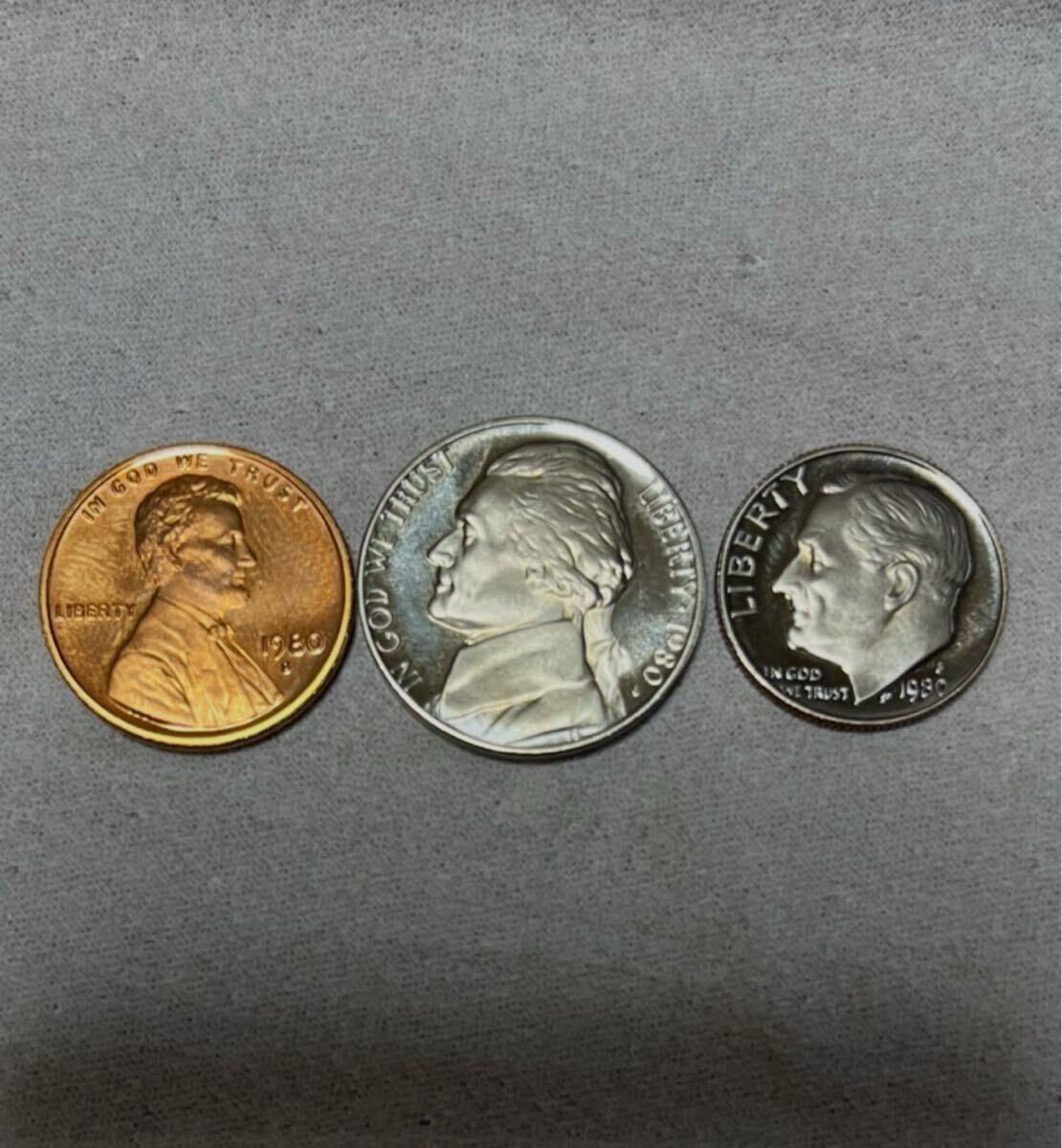 US硬貨 3種セット リンカーンセント ジェファーソンニッケル ルーズベルトダイム 全て1980S penny nickel dime_画像1