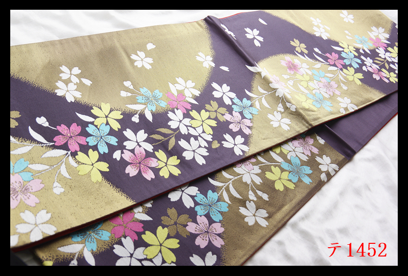 蔵【テ1452】西陣逸品　振袖可　枝垂れ桜紋　濃鼠色地　気品豊かに　正絹純金糸六通高級美術袋帯　◇検◇簪着物名古屋帯和装小物帯締め_画像7