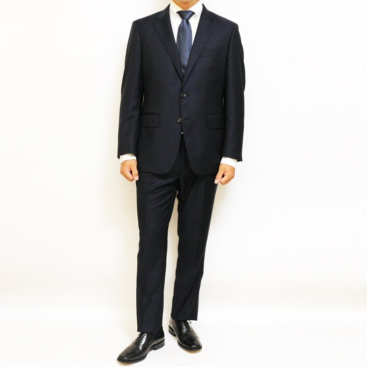 【1円開始】 男性 メンズ 新品 秋冬 西川毛織 Super110s 濃紺ネイビー杉綾織 型紙 : J-REP05-2B 型 2つボタン ビジネス スーツ AB6_画像2