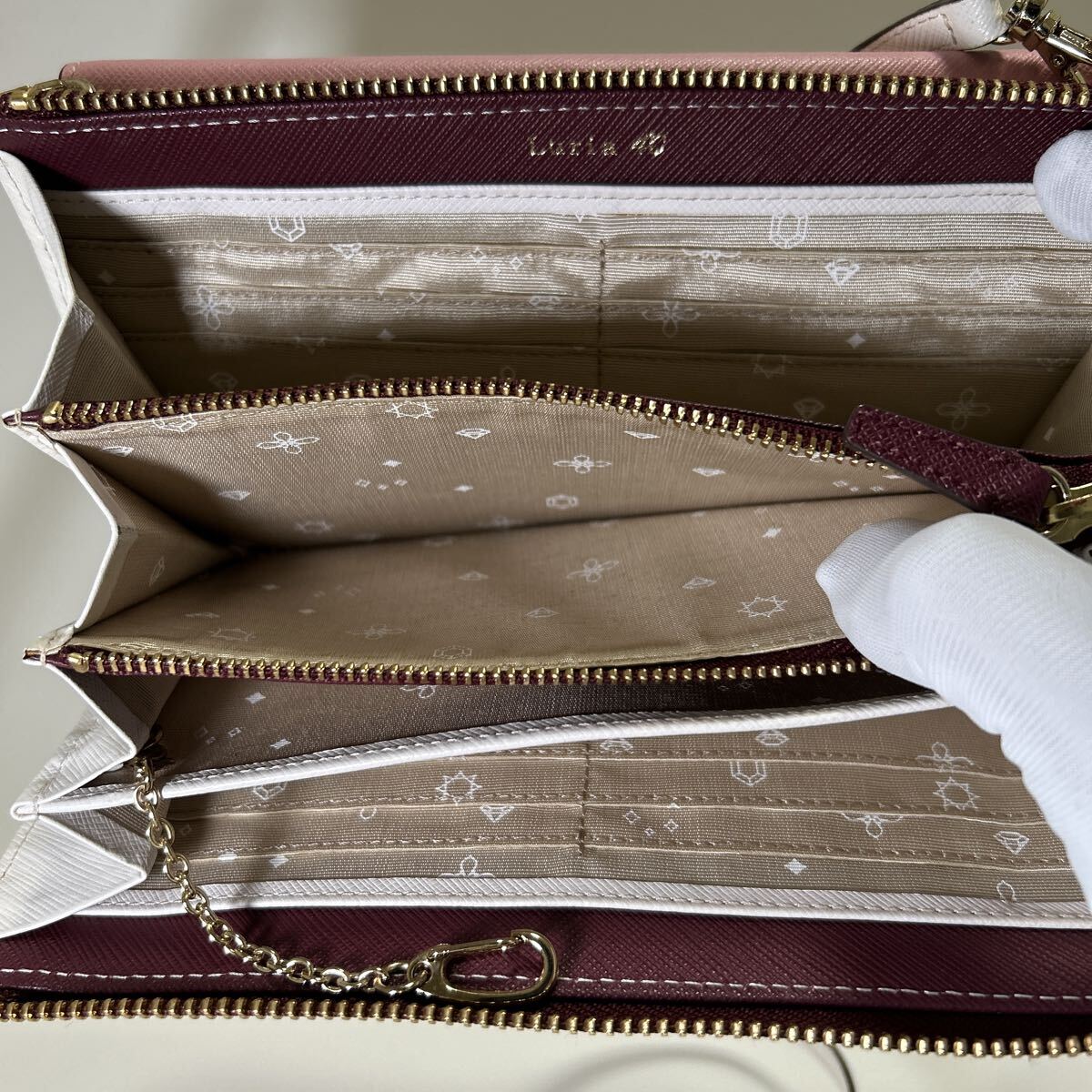 ◆Luria 4℃ ルリア ヨンドシー 長財布 2点SET ピンク&ボルドー系◆ ショルダーストラップ付き L字ジップ & かぶせ【送料無料】1029_画像4