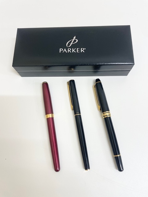 万年筆 まとめ3本 PARKER SONNET 18K-750(18金)ケース付・PILOT URUSHI 14K-585(14金)・モンブラン MEISTERS◆2246_画像1