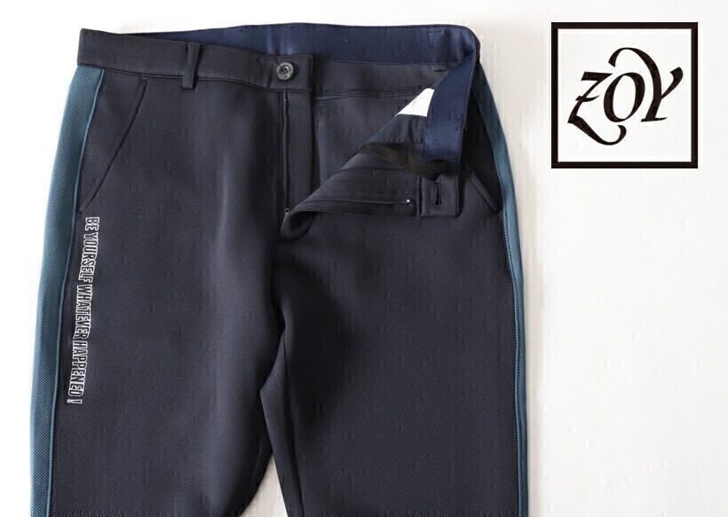 1円★ZOY ゾーイ★オックスダンボールニットロング サイドラインリブパンツ W85【071414410】ネイビー紺【本物保証】ストレッチ軽量素材_画像1