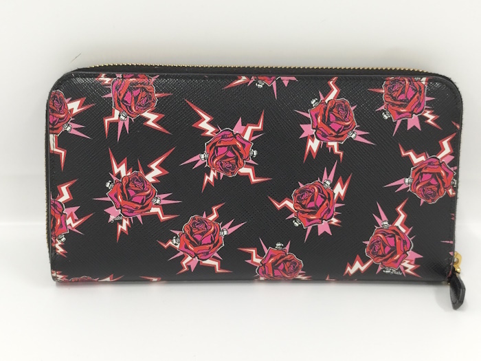 PRADA раунд застежка-молния длинный кошелек роза safia-no кожа черный 1ML506