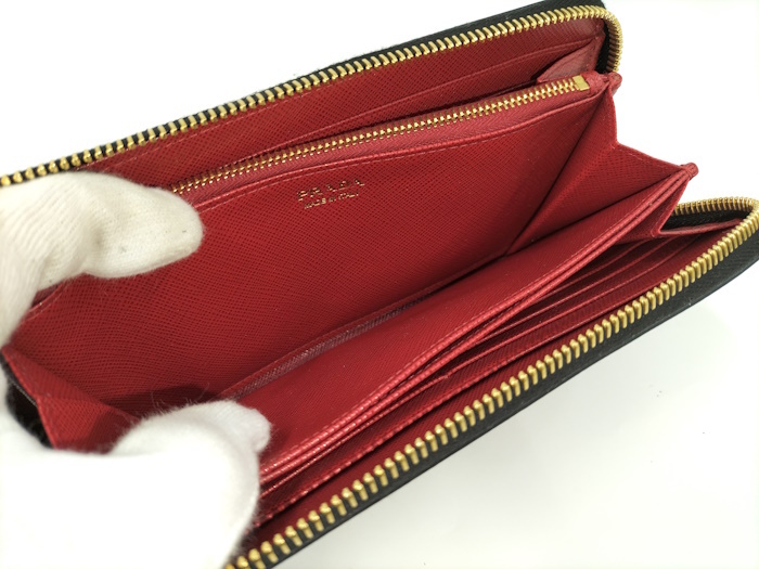 PRADA раунд застежка-молния длинный кошелек роза safia-no кожа черный 1ML506