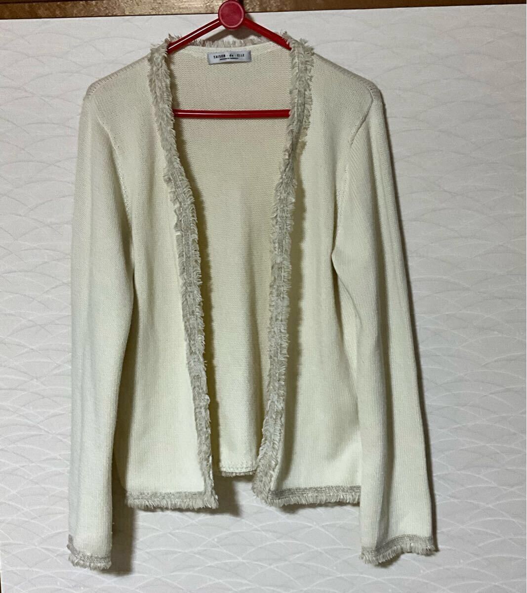 ニットジャケット　フリンジ付き　アイボリー系　Lサイズ　_画像4