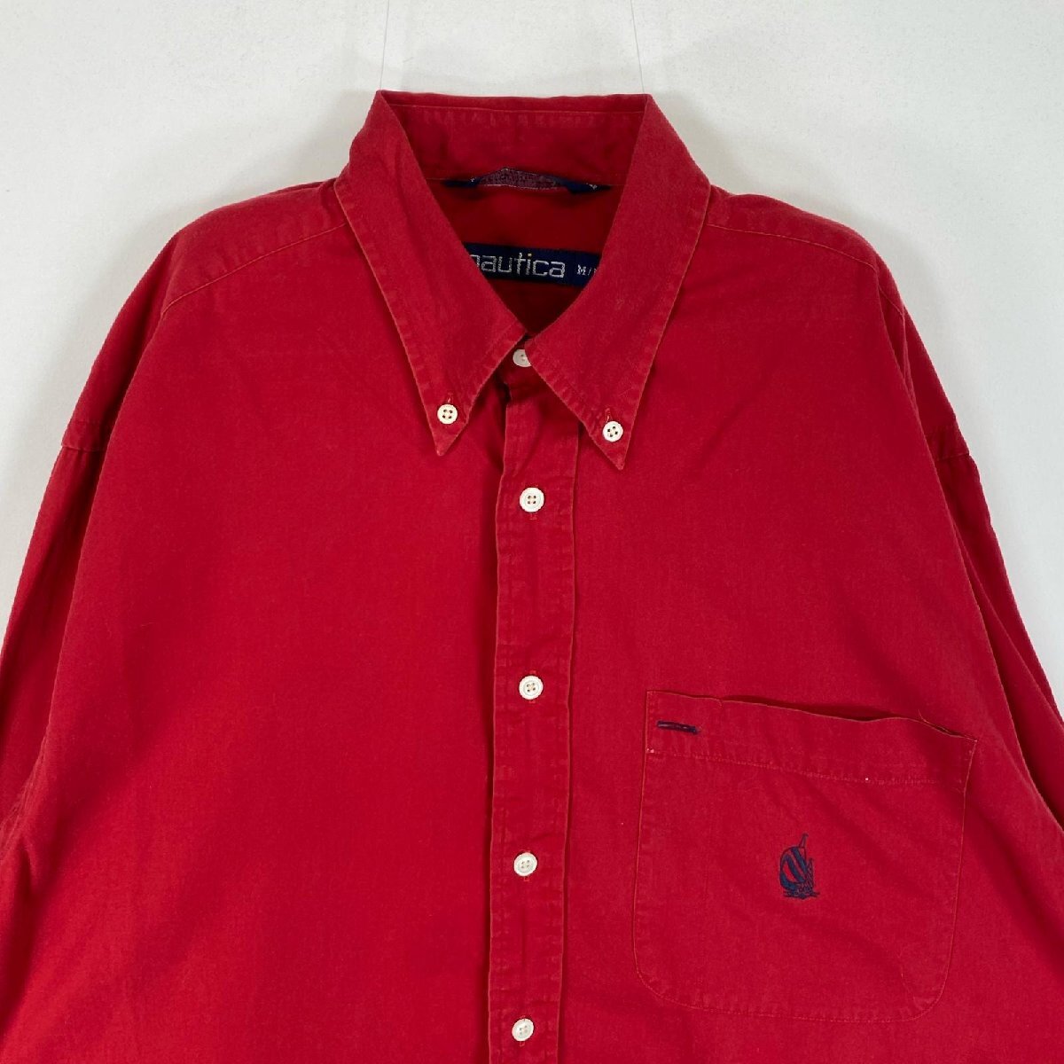 б/у одежда 90's/90 годы Nautica NAUTICA рубашка с длинным рукавом старый Logo вышивка кнопка down . карман M красный одноцветный мужской
