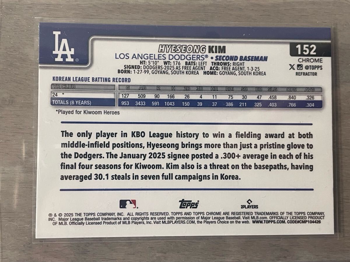 2025 Topps Chrome キム ヘソン RC リフラクター MLB ドジャース_画像2