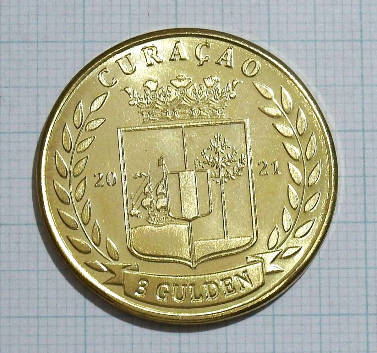 珍品 ティラノサウルス 恐竜 動物 大型 金色(真鍮)★オランダ領キュラソー 3グルデン 2021年 未使用★_画像2