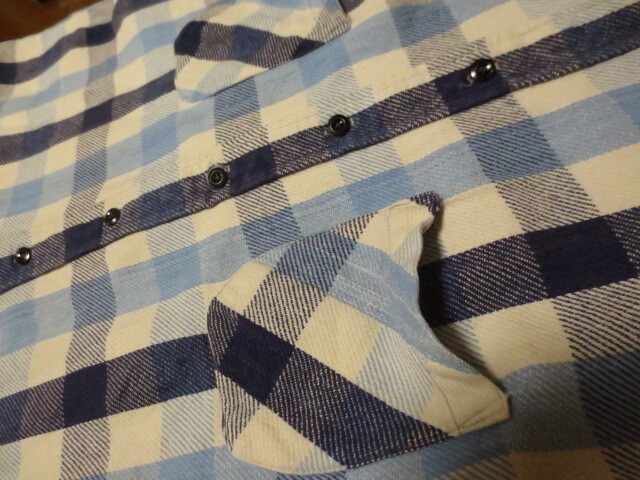 70's~ VINTAGE Sears ヴィンテージ シアーズ 長袖 ブロックチェック ヘビーネルシャツ 黒ボタン ストアー系 白×水色×紺系_画像4
