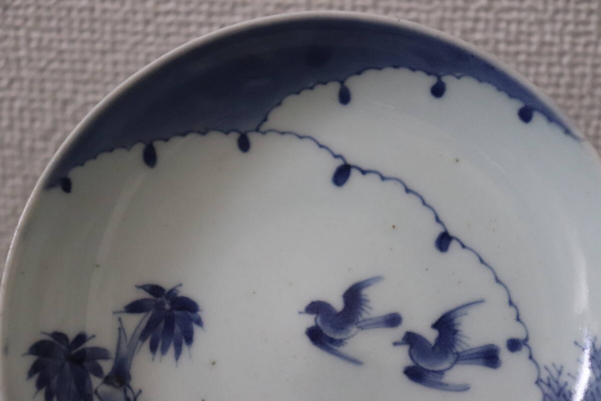 藍(lán)九谷　小皿　雪輪。燕。竹　紋　江戸中期　古伊萬里