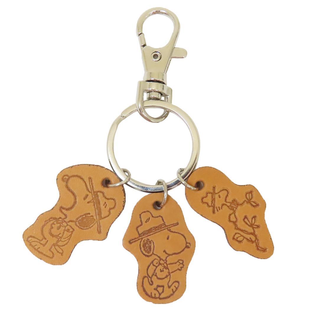 スヌーピー キーリング レザー3連キーリング BRG ピーナッツ 牛久保工芸社 キーホルダー キャラクター グッズ_画像1