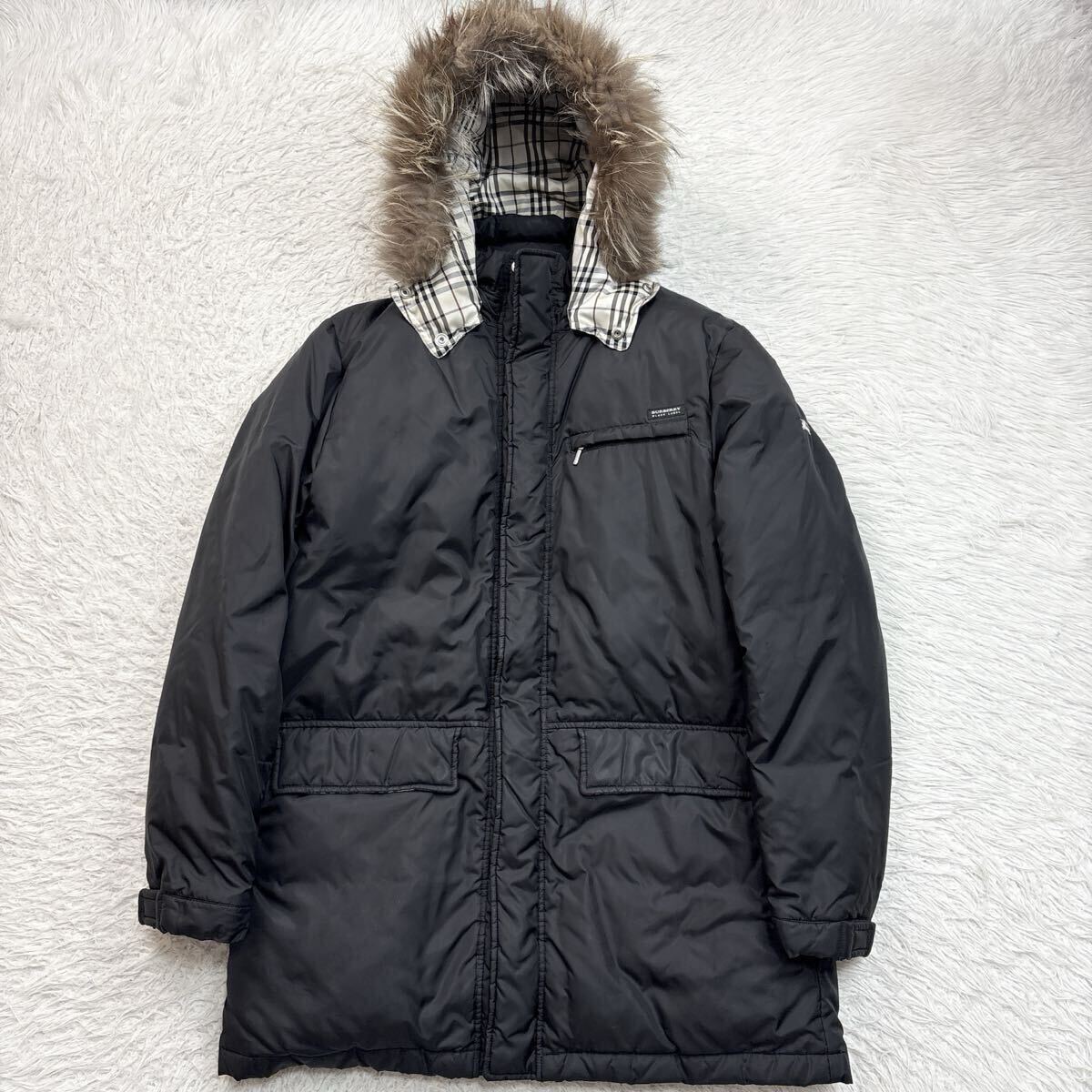 【希少Lサイズ!!!】BURBERRY BLACK LABEL バーバリーブラックレーベル ダウンジャケット 全面ノバチェック 黒 2way フォックスファー