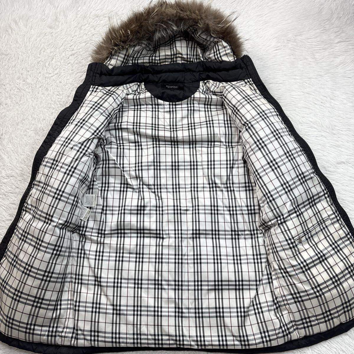 【希少Lサイズ!!!】BURBERRY BLACK LABEL バーバリーブラックレーベル ダウンジャケット 全面ノバチェック 黒 2way フォックスファー
