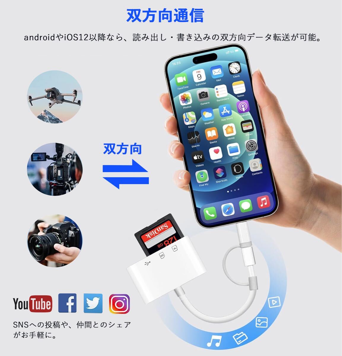 SDカードリーダー iphone タイプC 【3in2?雙方向データ転送】 microSD カード リーダー Lightning/USB Type-C OTG機能