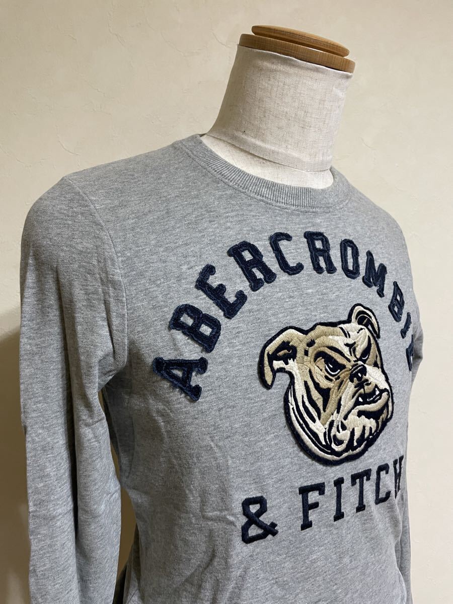 Abercrombie & Fitch A&F アバクロンビー&フィッチ ロンT 刺繍 ブルドッグ クルーネック コットン Tシャツ サイズS 長袖 グレー 175/92Y_画像9
