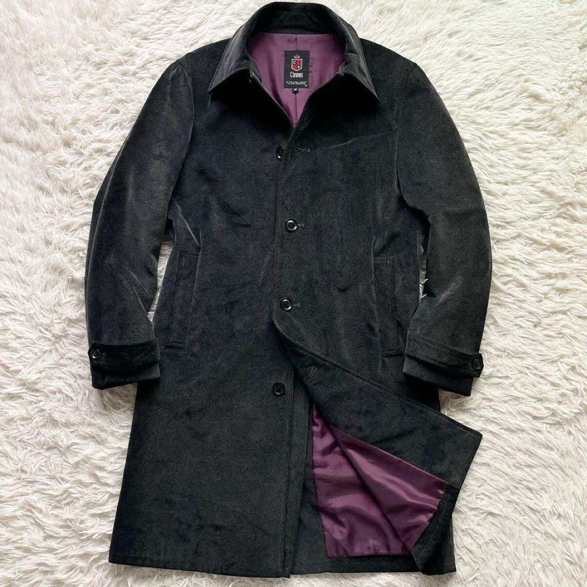 美品 80s ジャパンヴィンテージ ベロア ロング ステンカラーコート 光沢ボルドーライニング ブラック メンズ C.brumes ロングコート 黒 紫_画像2