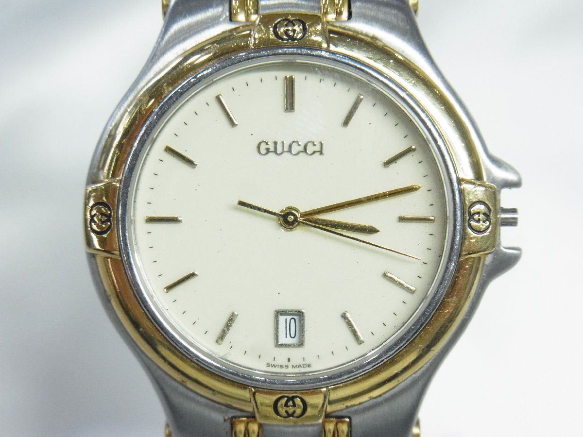 1円～【稼働・リューズ欠損】グッチ GUCCI 5500M 6石 Cal.955.412 フォーマルウォッチ メンズ 腕時計 クオーツ ３針 デイト ラウンド SSｘG_画像2