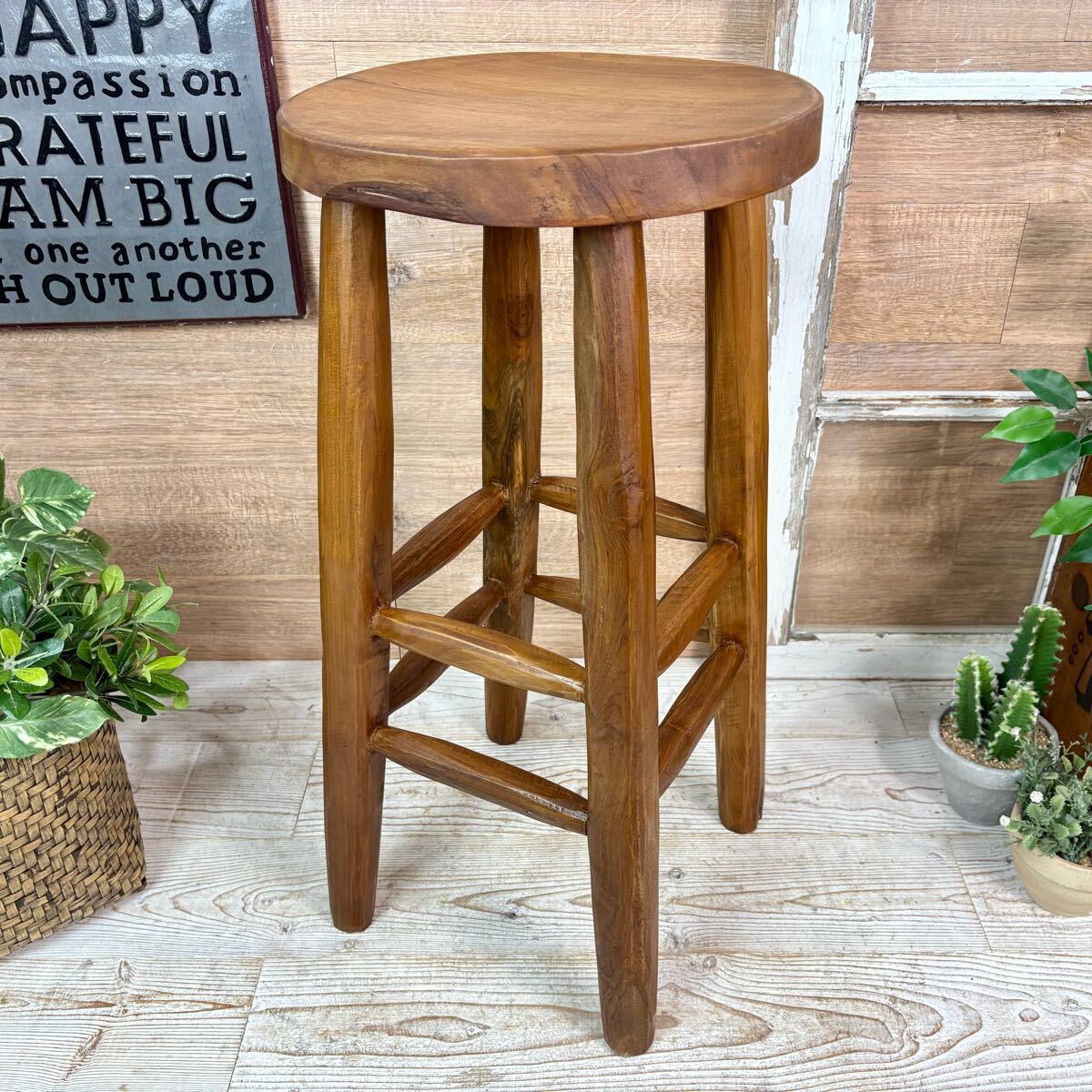 送料無料、オールドチーク天然無垢材ウッド丸木脚ハイスツール、カウンターチェア、天然木ナチュラルウッド、木製イス、椅子チェア_画像1