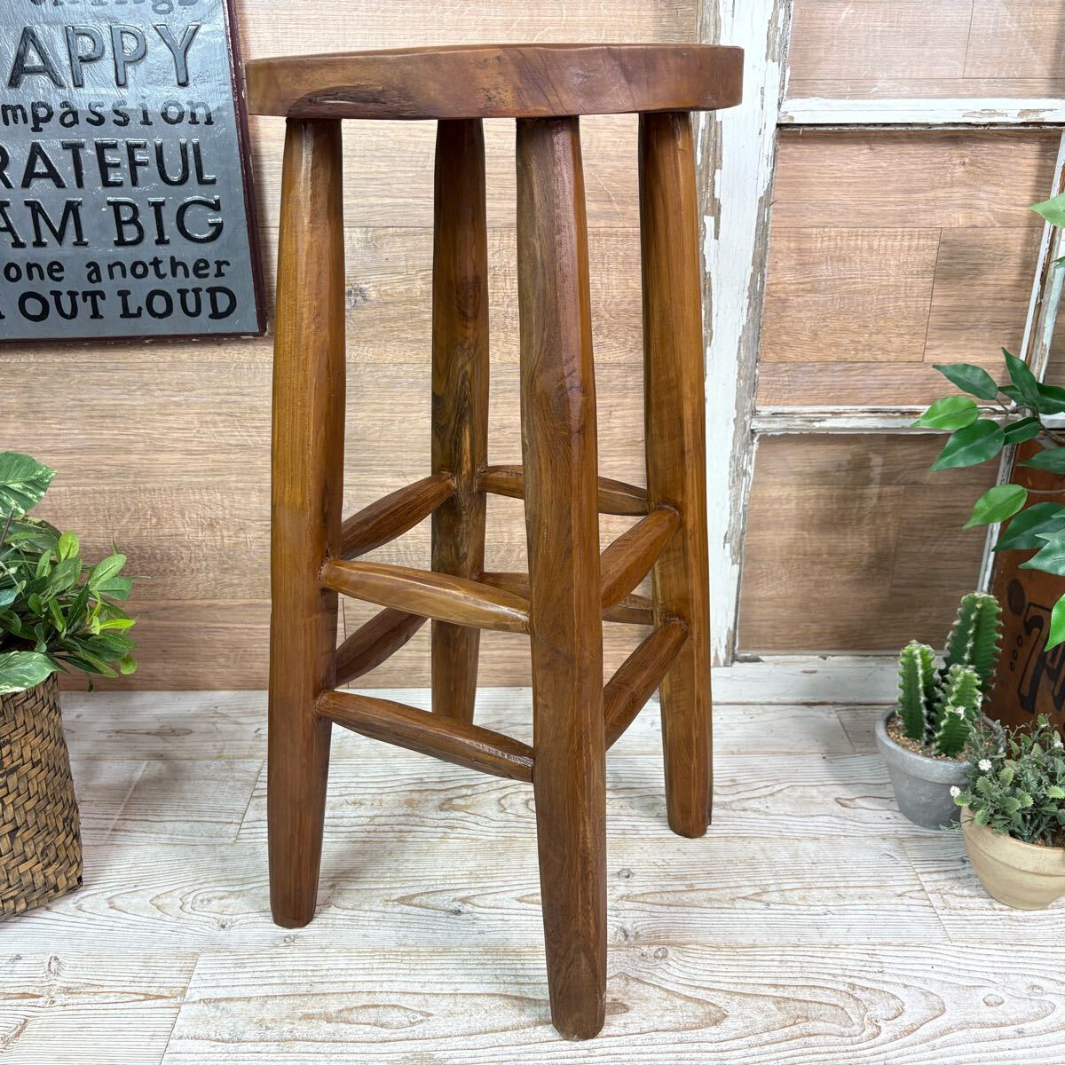 送料無料、オールドチーク天然無垢材ウッド丸木脚ハイスツール、カウンターチェア、天然木ナチュラルウッド、木製イス、椅子チェア_画像2