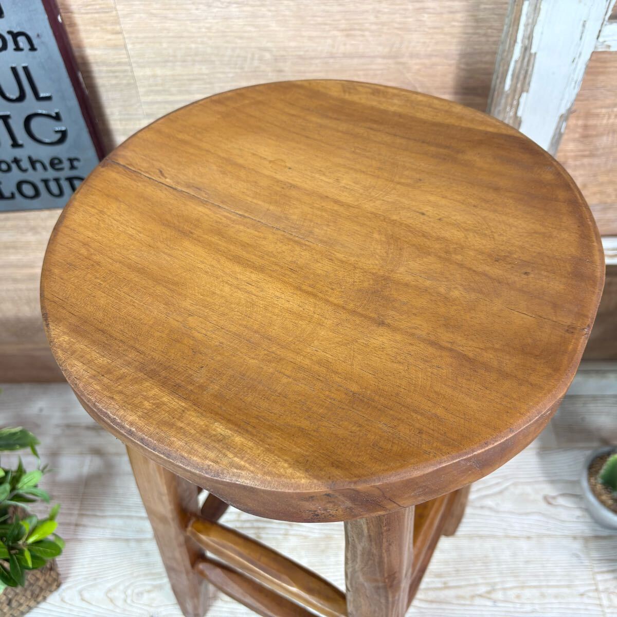 送料無料、オールドチーク天然無垢材ウッド丸木脚ハイスツール、カウンターチェア、天然木ナチュラルウッド、木製イス、椅子チェア_画像3