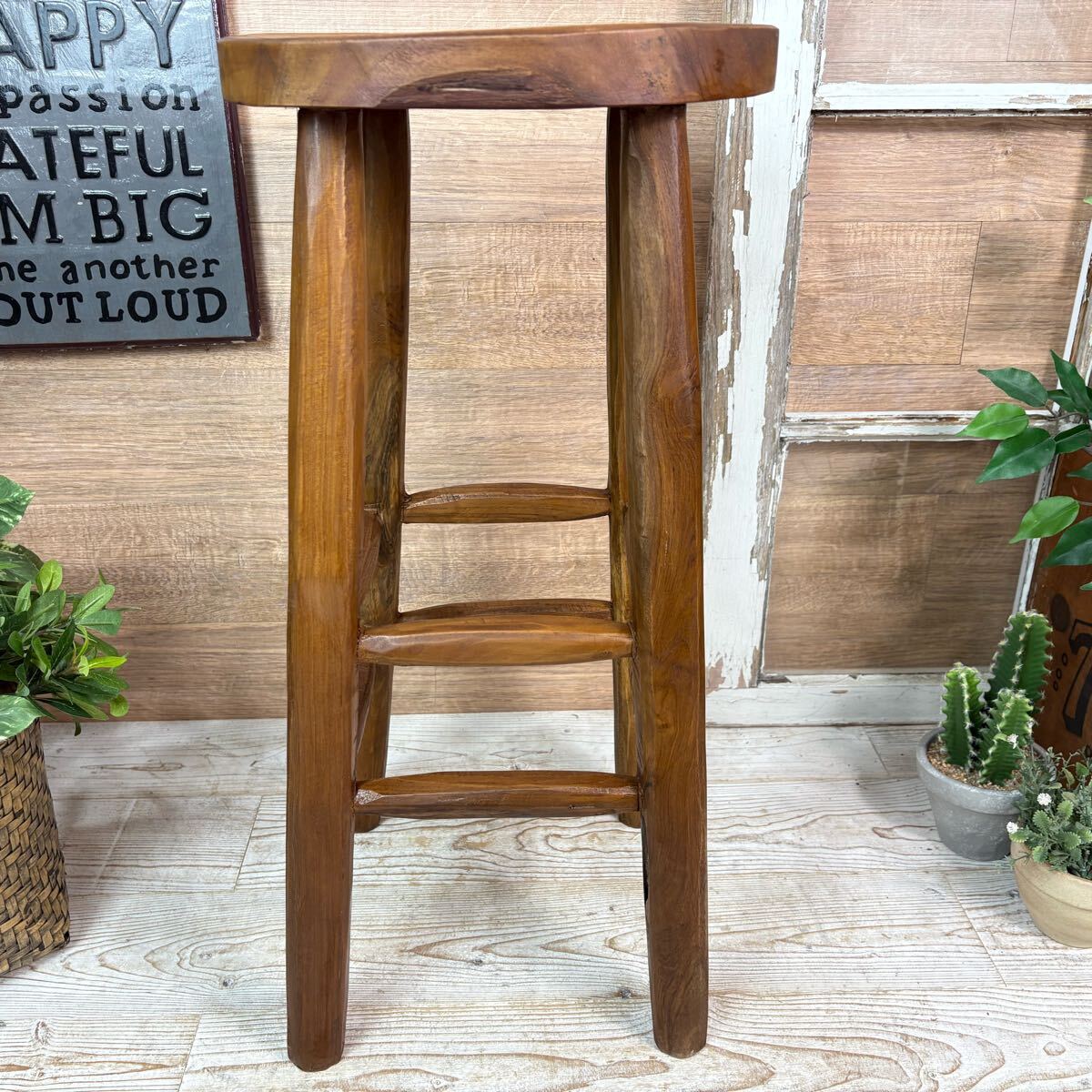 送料無料、オールドチーク天然無垢材ウッド丸木脚ハイスツール、カウンターチェア、天然木ナチュラルウッド、木製イス、椅子チェア_画像5