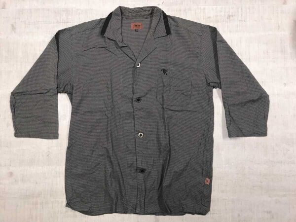 タケオキクチ TAKEO KIKUCHI トラッド 古着 千鳥格子 ハウンドトゥース 総柄 ロゴ刺繍 長袖 パジャマ シャツ メンズ コットン100% M グレー_画像1