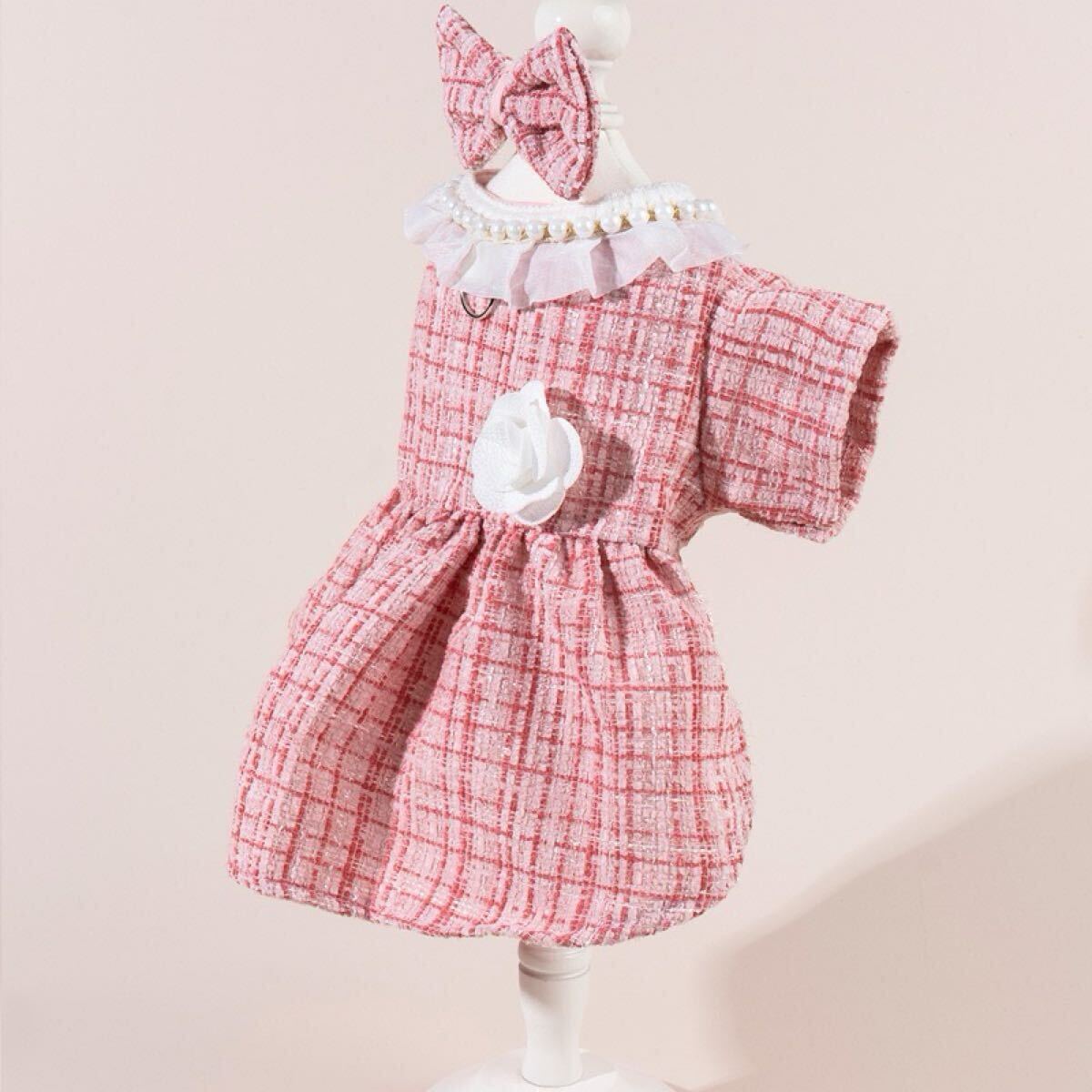 L ツイード ワンピース リボンセット （ピンク） 犬服 犬の服 小型犬 ペット服 ペット用品 ドッグウェア スカート_画像2