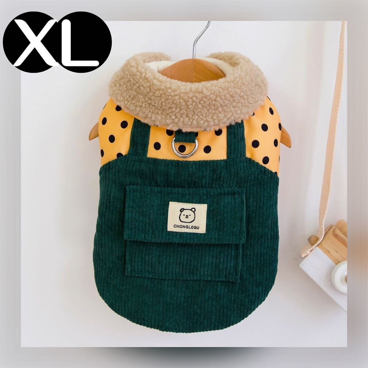 XL リードフック付き 水玉 コーデュロイ ワンピース （緑） 犬服 犬の服 小型犬 ペット服 ペット用品 ドッグウェア 裏起毛 スカート 冬_画像1