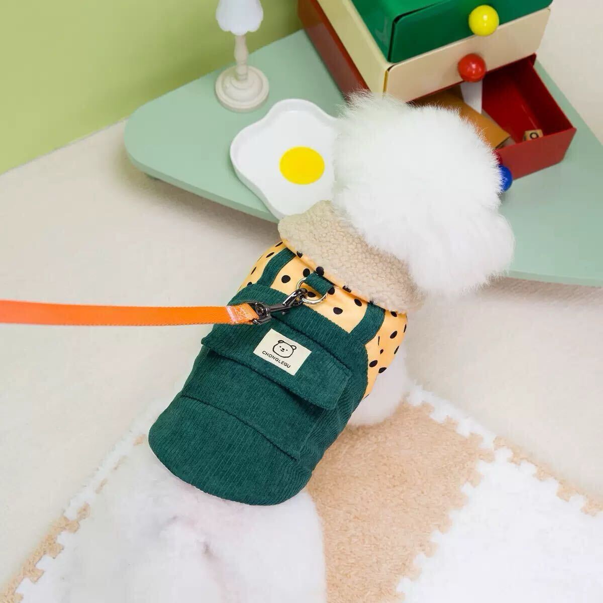 XL リードフック付き 水玉 コーデュロイ ワンピース （緑） 犬服 犬の服 小型犬 ペット服 ペット用品 ドッグウェア 裏起毛 スカート 冬_画像2