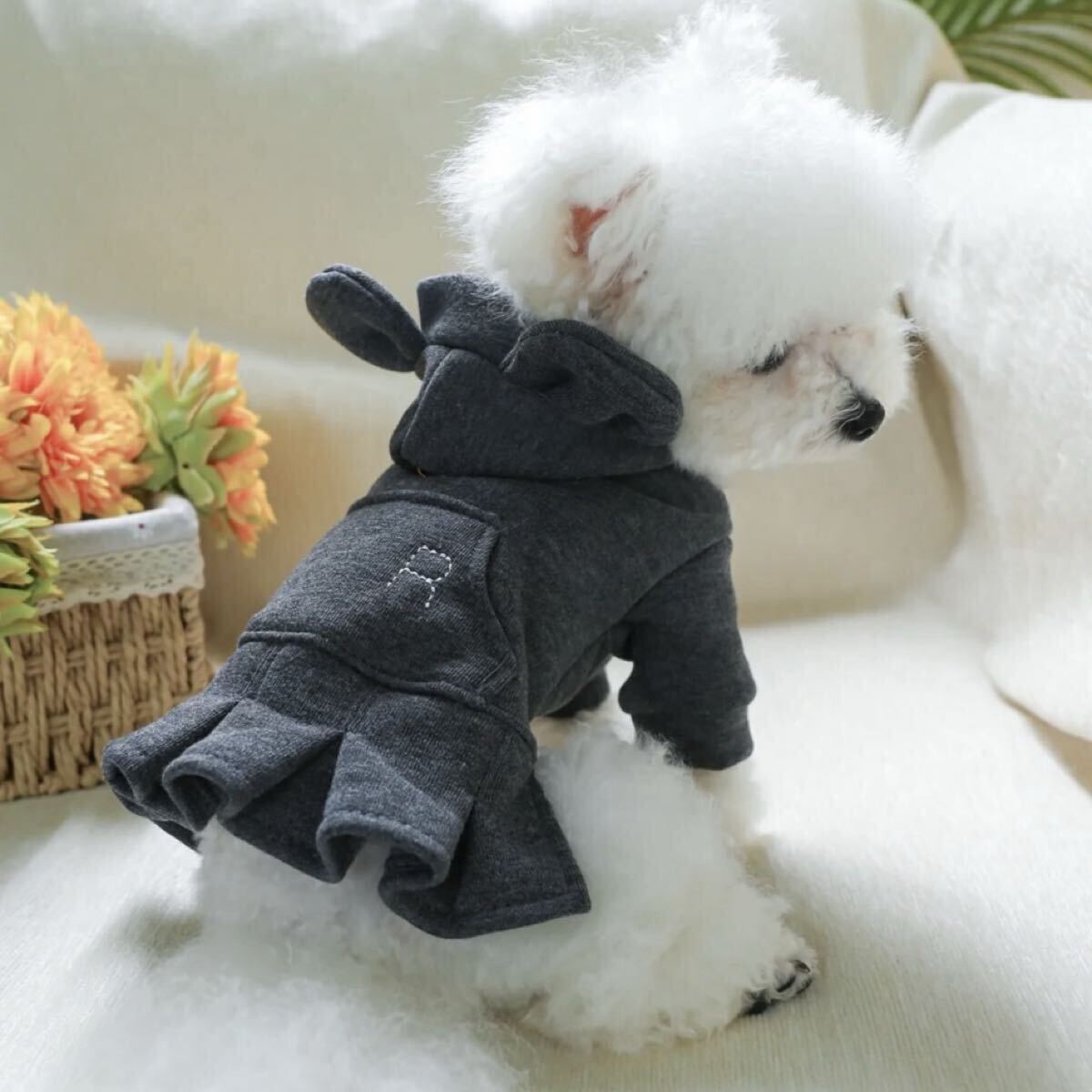 L リードフック付き 耳付きフード ワンピース 犬服 犬の服 小型犬 ペット服 ペット用品 スカート_画像3