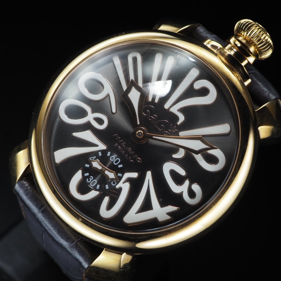 ◆1円~◆ GAGA MILANO ガガミラノ マニュアーレ48 GP 革 手巻き スモールセコンド 裏スケ USED 稼働 メンズ 腕時計「27878」_画像2