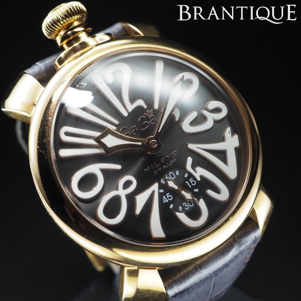 ◆1円~◆ GAGA MILANO ガガミラノ マニュアーレ48 GP 革 手巻き スモールセコンド 裏スケ USED 稼働 メンズ 腕時計「27878」_画像1