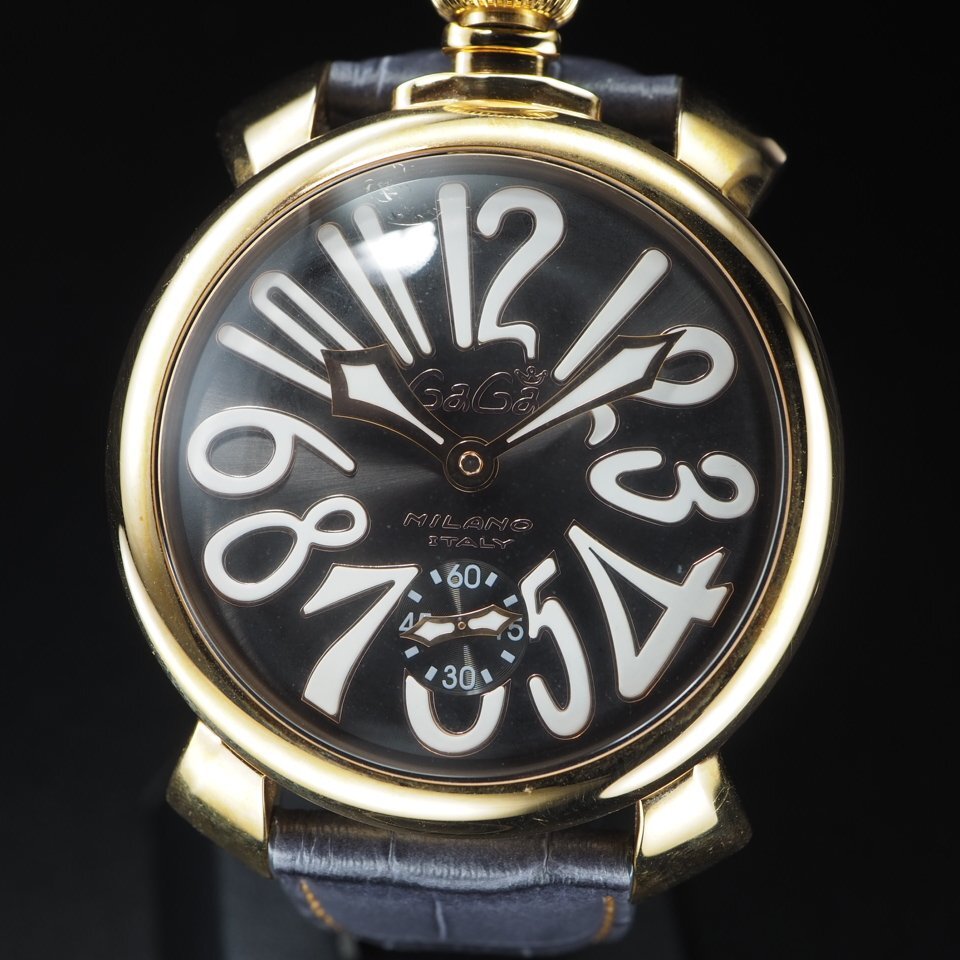 ◆1円~◆ GAGA MILANO ガガミラノ マニュアーレ48 GP 革 手巻き スモールセコンド 裏スケ USED 稼働 メンズ 腕時計「27878」_画像3
