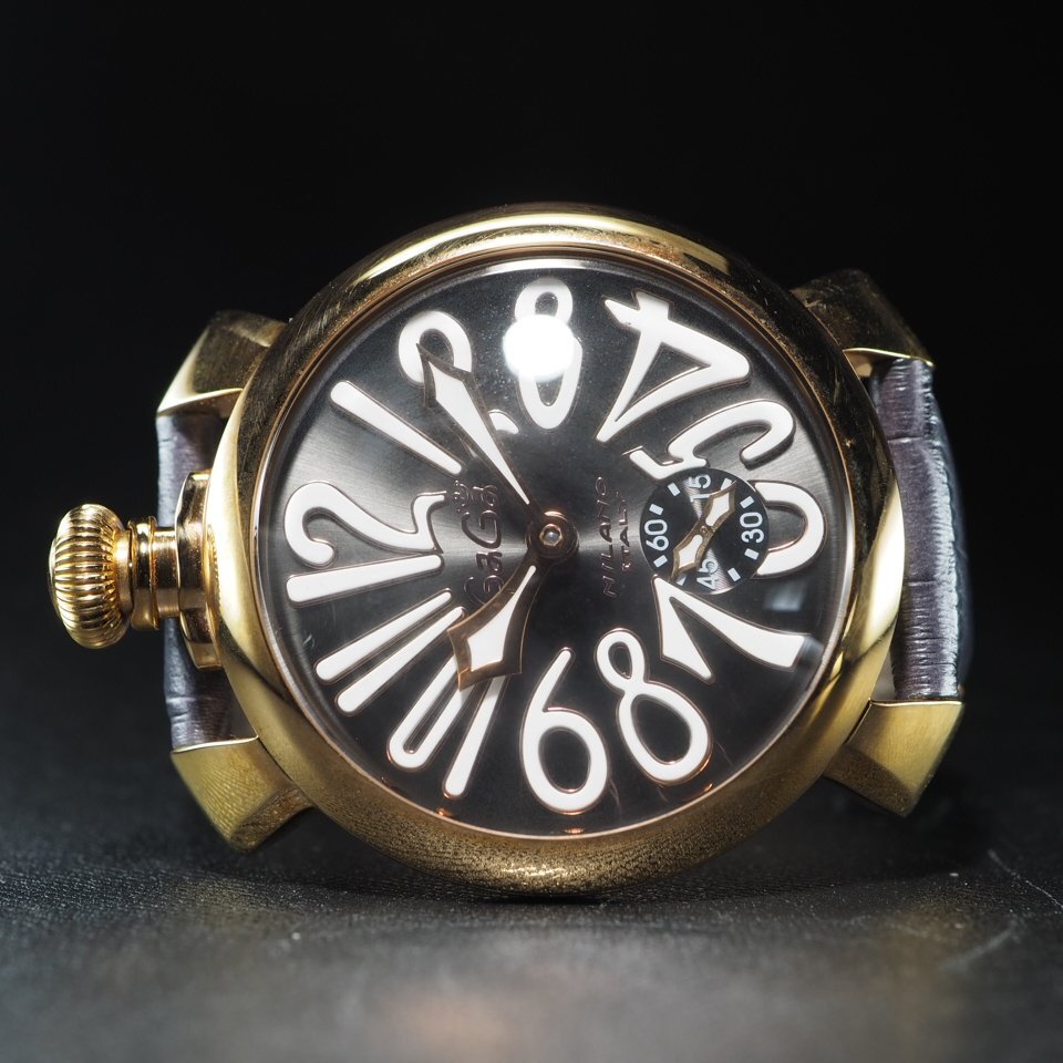 ◆1円~◆ GAGA MILANO ガガミラノ マニュアーレ48 GP 革 手巻き スモールセコンド 裏スケ USED 稼働 メンズ 腕時計「27878」_画像5