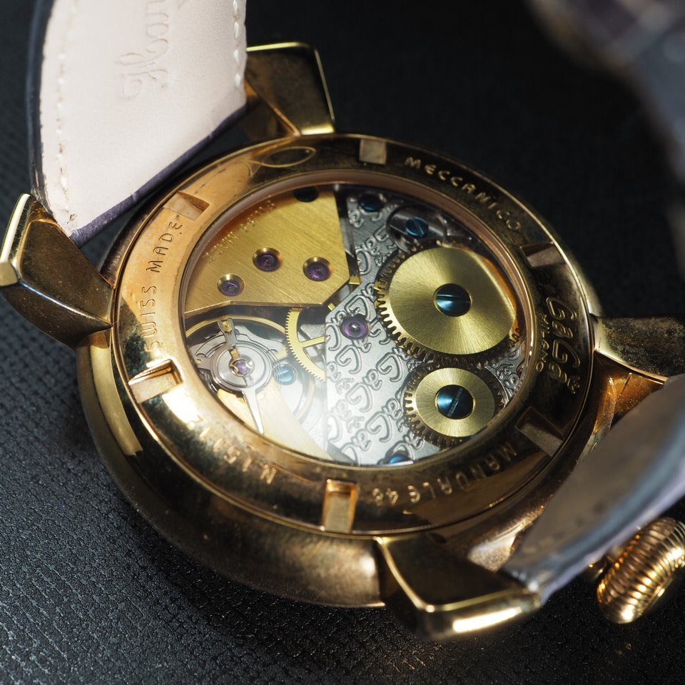 ◆1円~◆ GAGA MILANO ガガミラノ マニュアーレ48 GP 革 手巻き スモールセコンド 裏スケ USED 稼働 メンズ 腕時計「27878」_画像8