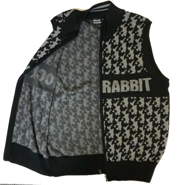 即決新品 メンズ ニット ベスト フルジップ ロッキーラビット 総柄 L ウール混 送料無料 Rocky Rabbit ゴルフにもの画像3