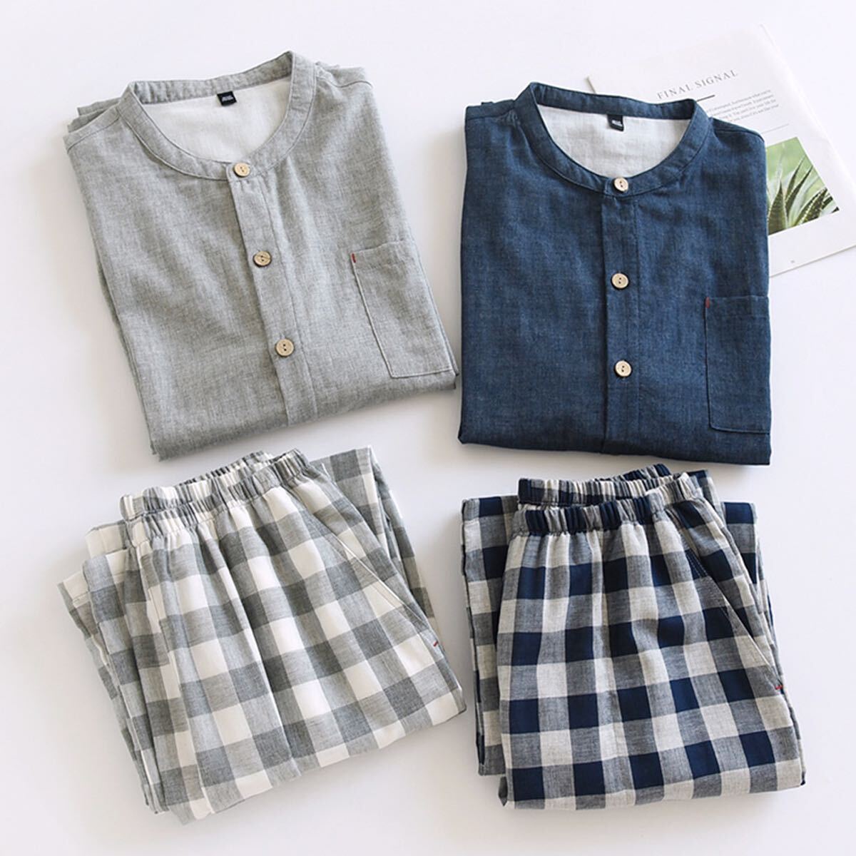 パジャマXLメンズ 綿100%長袖綿ダブルガーゼ前開き上下セットルームウェア部屋着男性紳士チェック柄 プレゼント_画像9