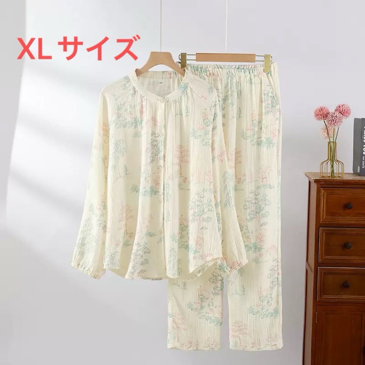パジャマレディース XL長袖長パンツ綿2重ガーゼ前開き柔らかい透気夏暑さ対策介護入院入所ルームウェア婦人大きめゆったり目コットン_画像1