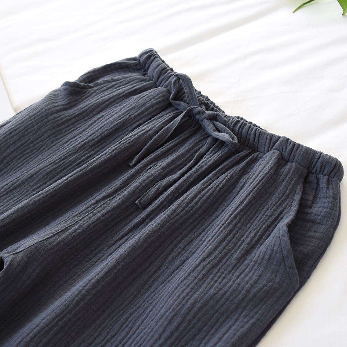 新品ルームパンツ XLメンズパンツパジャマ 夏ダブルガーゼパンツ7分丈夏寝巻き ボトムス 綿 ゆったり 通気 グレー ルームウエア寝間着_画像2