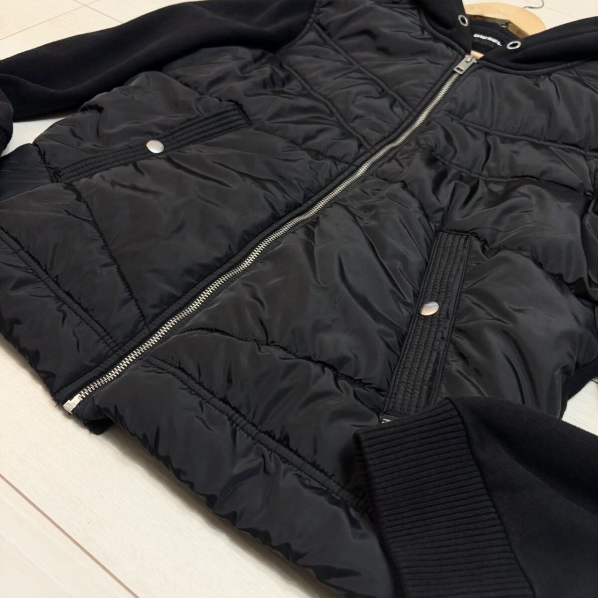 Lサイズ●DIESEL ディーゼル パーカー ブルゾン スウェット 中綿 切替 ジップアップ ジャケット ブラック メンズ アウター_画像4