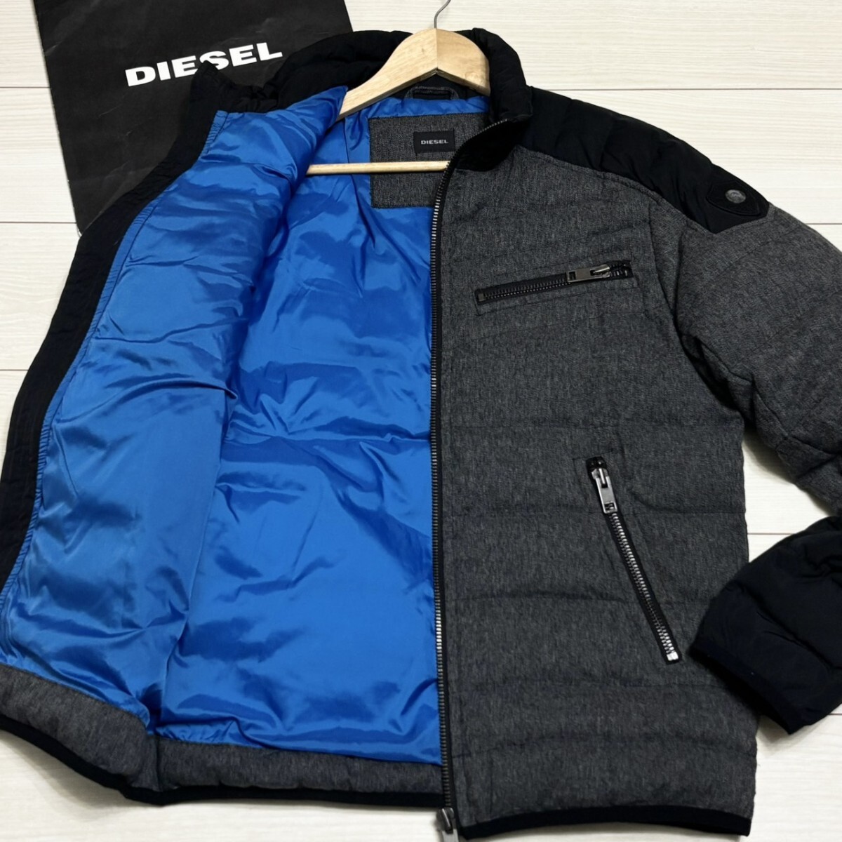 極美品/Lサイズ相当●DIESEL ディーゼル ダウンジャケット ライダース 切替 袖ブレイブマンワッペン グレー ブラック メンズ アウター_画像1